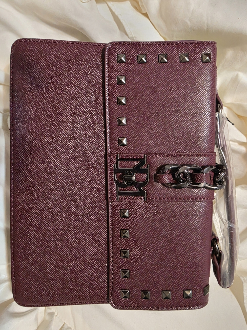 New Badgley Mischka Studded Plum Crossbody Bag with Chain Accent
